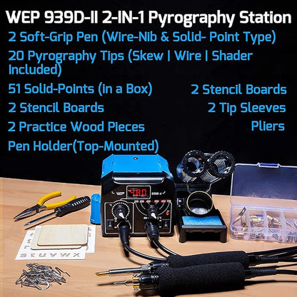 WEP 939D-II 2-IN-1 Wood Burning Kit 86-IN-1 with 51 Solid Points and 20 Wire Nibs Wood Burner with 2 Letter Number Stencils, 2 Unfinished Wood, 1 Pen Holder, Burning Tool