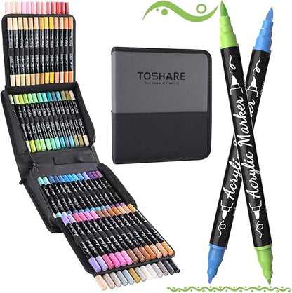 80 Colors Acrylic Paint Markers, Waterproof Dual Tip Acrylic Paint Pens with Brush and Fine Tip, Markers Set for Paper, Rock, Wood, Canvas, Glass, Ceramic and DIY Crafts Making Art Supplies