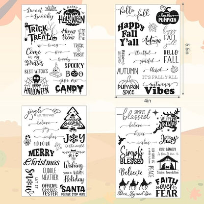Whaline 4 Sheets Holiday Clear Stamps Fall Halloween Christmas Nativity Scene Greeting Words Silicone Transparent Stamps for DIY Craft Card Making Scrapbooking Embossing Album Decor