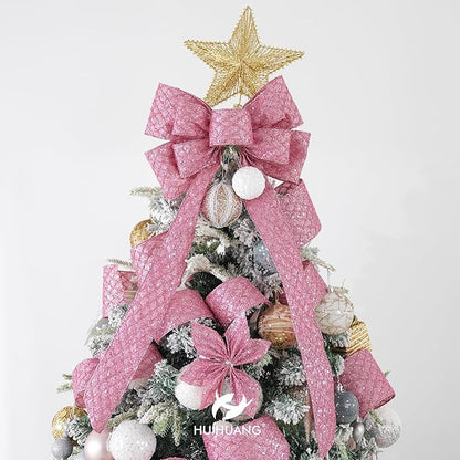 HUIHUANG Pink Wired Christmas Ribbon 4 inch Light Pink Glitter Wired Ribbon Diamond Mesh Wire Ribbon for X-mas Tree Decorations, Wreaths, Garland, Large Bows Making, Home Decor -10 Yards