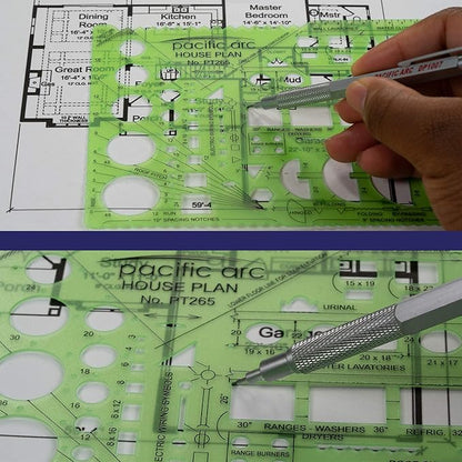 Pacific Arc House Plans Templates Guide, with Stairs, Doors, Plumbing, Kitchen Appliances, and Roof Pitch Gauge, Scale of 1/4 Inch to 1 Foot