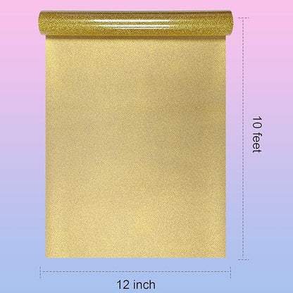 Glitter HTV Heat Transfer Vinyl Rolls- 12" x 10ft. Glitter Iron on Vinyl for DIY T-Shirts, Glitter for All Cutters, Heat Transfer Vinyl (Gold)