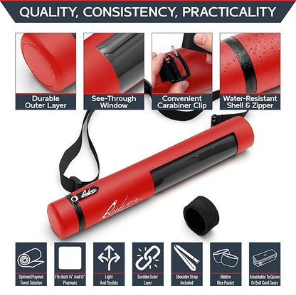 Quiver Time Red XL Orion Playmat Tube - TCG MtG Playmat Tube Case Bag with Waterproof Zipper, Hidden Dice Pocket, Adjustable Removable Shoulder Strap, See-Through Window, Fits 14" and 15" playmats
