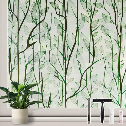 Donox Frosted Glass Window Film Heat Control UV Blocking, Static Cling Reusable Home Bathroom Door Window Privacy Film, Green Leaf Pattern Window Covering with Installation Tool, 17.5 in x 13.1 feet