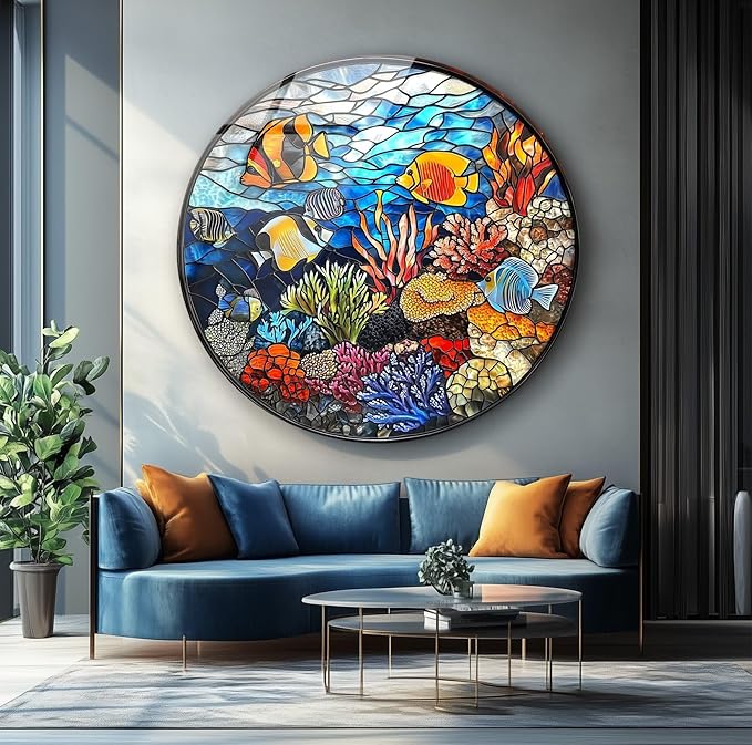 My Photostation.com 20''(50cm) Diameter Coral Reef Mosaic Round Glass Wall Art Tempered Glass Printing Wall Decor Large Wall Art Wall Hangings