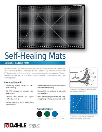 Dahle Vantage 10472 Premium Self-Healing Cutting Mat, 18"x24", 1/2" Grid, 5 Layers for Max Healing, Perfect for Crafts & Sewing, Green