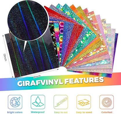 GIRAFVINYL Glitter Holographic Vinyl Bundle, Rainbow Holographic Permanent Vinyl 12" x 12" 17 Sheets Rainbow Glitter Vinyl Permanent for DIY Stickers, Signs, Cup, Home and Car Decorations