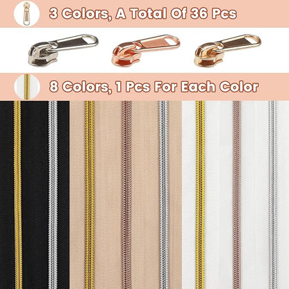 DOITEM 17.8 Yards Endless Zippers by The Meter Black White Zipper 6 mm Spiral + 32 Nonlock Zippers (Gold Silver Rose Gold)