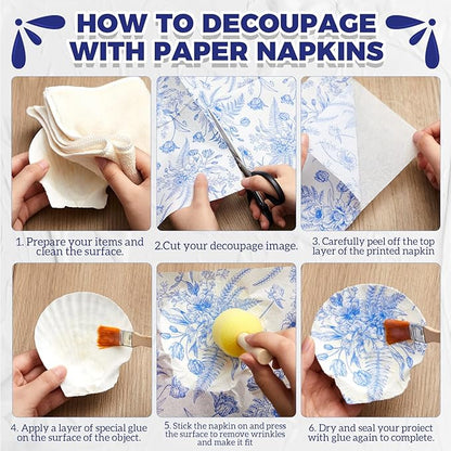 Crtiin 36 Pack 9 Styles Decoupage Napkins Assorted Floral Decorative Decoupage Napkins Chinoiserie Cocktail Paper for DIY Crafting Birthday Party, Each Unfolded 13 Inch(Blue Floral)
