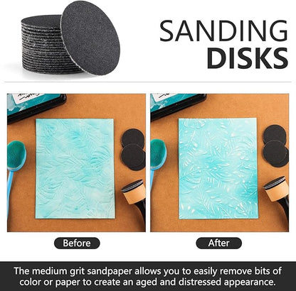 Bundle -Mini Blending Tool Sets,Include 2 PCS Foam Replacment Foam Pads and 20 Pieces Sanding Discs Medium-Grit Sandpaper for Drawing Distressing Blending and Removing the Extra Colors Arts Supplies