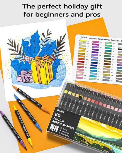 JusArt 60 Colors Dual Tip Acrylic Paint Pens Markers, Brush and Fine Tip, Premium Paint Pens for Wood, Canvas, Egg, Stone, Fabric, Rocks, Metal, Glass, Ceramic, DIY Crafts Making Art Supplies Gifts