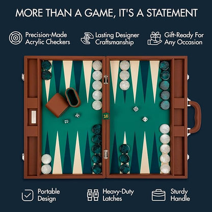 19 Inch Premium Backgammon Sets for Adults Leather Brown - Green. Premium 1.6 Inch Checkers & Dice Set, Travel Backgammon Set, Large, Backgammon Board Game, Backgammon Game Set