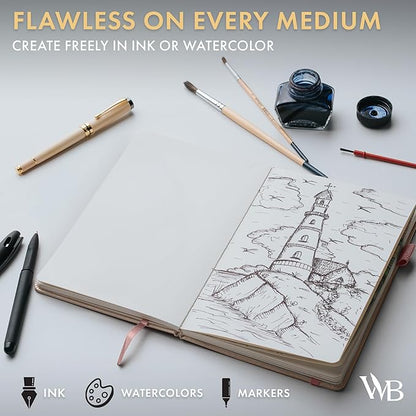 Wordsworth & Black A5 Mixed Media Journal 96 Mix Pages, Hardcover Leather, 190 GSM Paper, Journaling Notebook for Work & Sketching, Journals for Women, Men - Gifts Box Included Rose Gold
