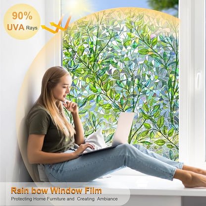 Window Privacy Film Stain Glass Window Film Rainbow Window Film Window clings Non-Adhesive Reusable Decorative for Room (Leaf Rainbow, 45.2 x 78.7 in)