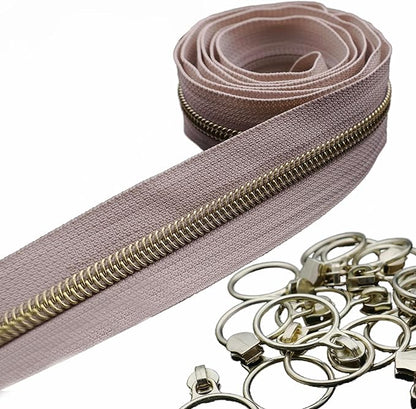 Leekayer #5 Gold Metallic Nylon Coil Zippers by The Yard Bulk 10 Yards Beige Zipper Tape with 25pcs Gold Ring Pull Sliders for DIY Sewing Tailor Craft Bag(Beige)
