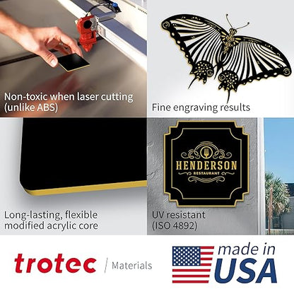 Trotec TroLase | 12"x12"x1/16, 8 Pcs | Gloss Black/Gold | 2 Ply | Modified Acrylic | Laser Engraving Double Color Plastic Sheet | Engraving Blanks for Laser, Saw, Guillotine | Made in USA
