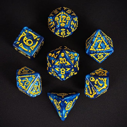 7-Die DND Dice Set Halloween Pattern Polyhedral Dice Set with Leather Bag, Skull Dice D&D Dice Set for RPG Table Games (Halloween Pattern-Blue)