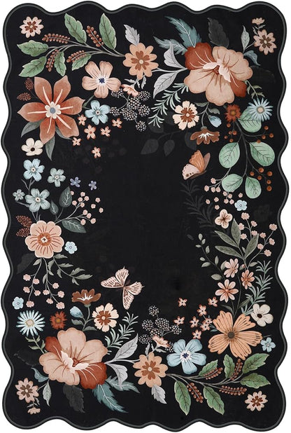 Beeiva 6x9 Rug for Living Room - Scalloped Floral Printed Bedroom Rug Machine Washable Area Rug Soft Area Rug Boho Ultra-Thin Stain Resistant Aesthetic Carpet for Playroom Dorm Office(Black,6x9ft)