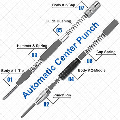 2Pcs Center Punch, 6Inch Automatic Center Punch Super Strong, Adjustable Spring Loaded Hole, Hardened Steel Auto Marker Tool for Metal, Wood, Glass by Pniimoo