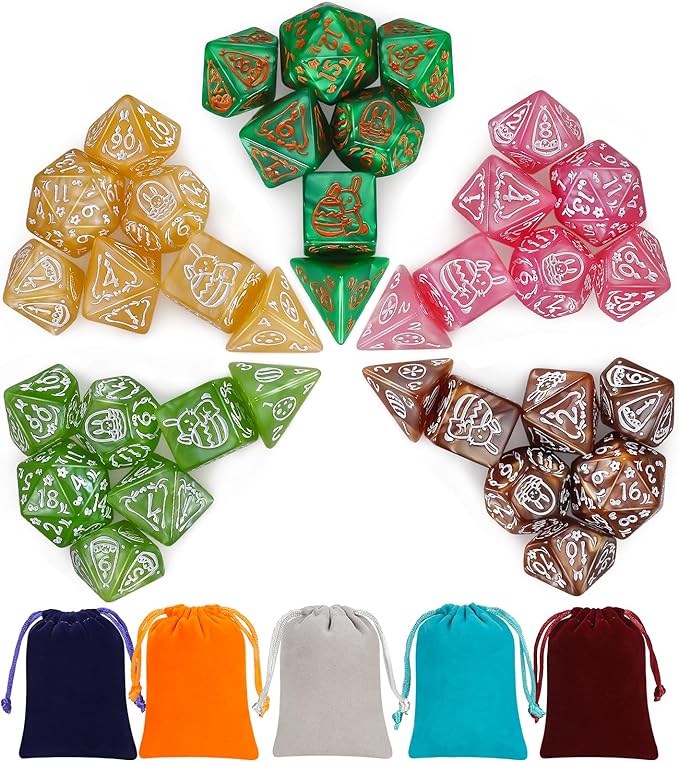 CiaraQ Polyhedral Dice Set, 5 Colors with 5 Decorative Pouches, 7 Pieces per Set, Fantasy RPG Gaming Dice/DND Dice/Role Playing Dice, Easter Themed