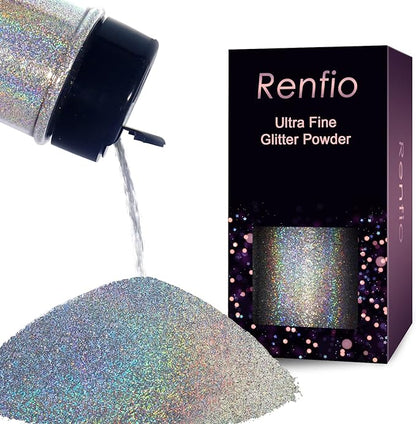 Renfio Holographic Ultra Fine Glitter Powder Metallic Resin Glitter 2.11 Oz (60g) PET Flakes Crafts Sequins 1/128" 0.008" 0.2mm Epoxy Chips Flakes for Tumblers Slime - Diamond Laser Silver