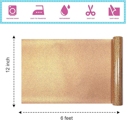 Bronze Glitter Heat Transfer Vinyl 12Inch*6FT Glitter Iron on Vinyl for T Shirts Easy to Cut and Weed Compatible with All Cutter Machines HTV Vinyl Iron on for Cricut (Bronze, 12Inches*6Ft)