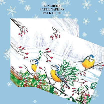 20-ct 13x13 Christmas Paper Decoupage Napkins, 3-Ply Servilletas Tissue Napkin for Dinner and Parties, Disposable Napkins (Winter Tits)