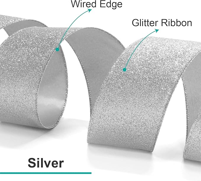 CT CRAFT LLC Glitter Wired Ribbon 4" x 10 Yards Silver for Christmas Home Decor Bow Gift Wrapping DIY Crafts Wreath