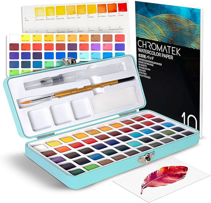 CHROMATEK Watercolor Paint Set – 50 Vivid Colors Including Transparent, Opaque & Pastel – Art Kit with Brush, Water Pen, Palette, Color Chart, Swatch Sheets, Pad & Metal Travel Case