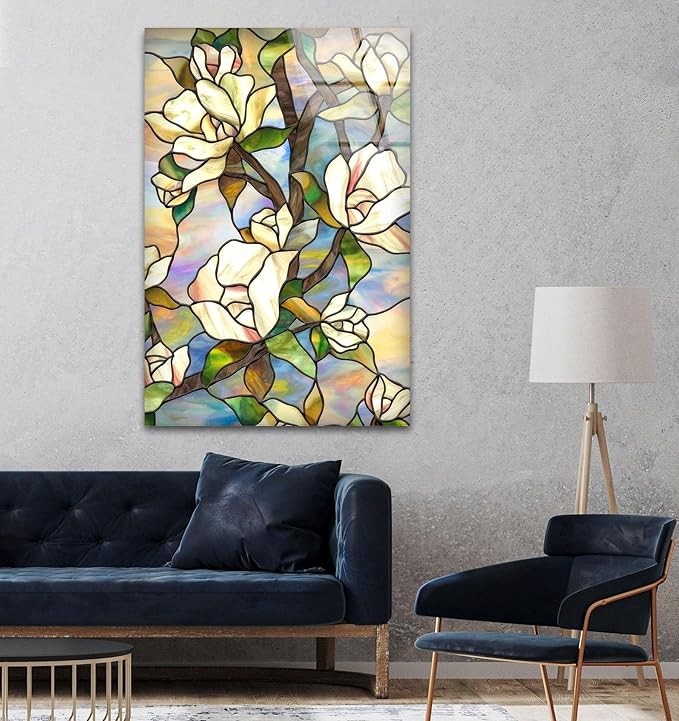My Photostation.com 40WX60H'' Stained Magnolia Glass Wall Art Tempered Glass Printing Wall Decor Large Wall Art Wall Hangings