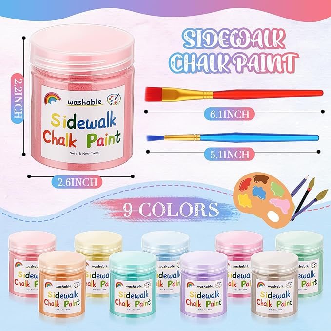 Faccito 9 Pcs Sidewalk Chalk Paint Kit Non Toxic Paint Washable Powdered Chalks Mix in Water 9 Vibrant Colors with Paintbrush for Creative Sidewalk and Chalkboard Fun
