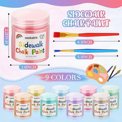 Faccito 9 Pcs Sidewalk Chalk Paint Kit Non Toxic Paint Washable Powdered Chalks Mix in Water 9 Vibrant Colors with Paintbrush for Creative Sidewalk and Chalkboard Fun