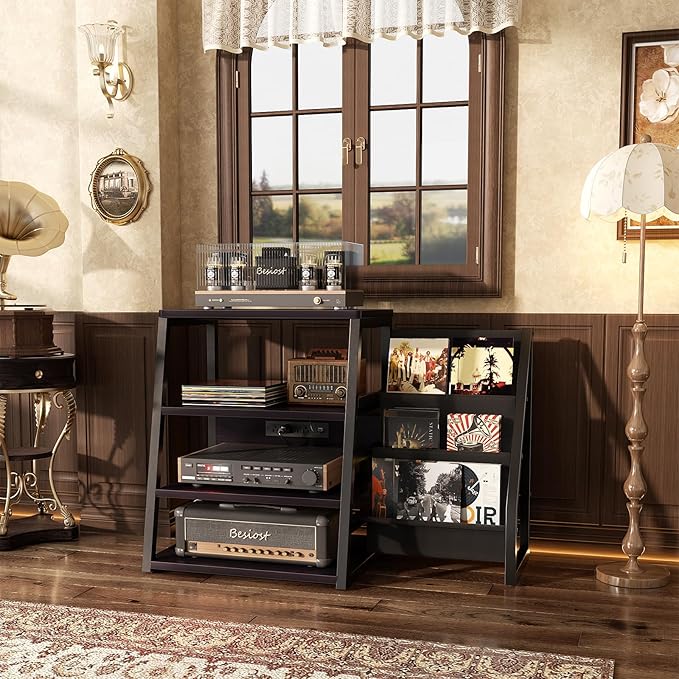 AV Media Stand with Outlets, Stereo Stands and Racks with Vinyl Storage, Stereo Stand with Record Storage, Audio Stereo Rack Cabinet, Turntable Console Stand with LED lights, 4 Tiers, Black Ebony