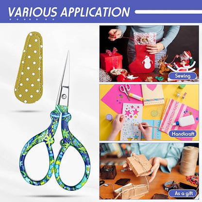 Honoson 4 Pcs Sewing Embroidery Scissors with 4 Pcs Artificial Leather Cover 3.6 Inch Stainless Steel Stork Scissors Vintage Embroidery for Needlework Manual Sewing Handicraft(Fresh Colors)