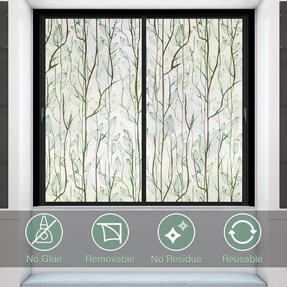 Donox Frosted Glass Window Film Heat Control UV Blocking, Static Cling Reusable Home Bathroom Door Window Privacy Film, Green Leaf Pattern Window Covering with Installation Tool, 17.5 in x 13.1 feet