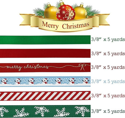 MEEDEE Christmas Ribbon 3/8 inch Thin Holiday Ribbon Set in Red, Green, White, Gold & Silver Color 12 Rolls 60 Yards Perfect for Gift Wrapping, Xmas Wreath Decor, Garlands, and Holiday Crafts