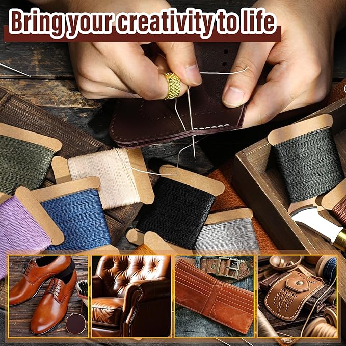 Repair Sewing Kit, Upholstery Needle and Thread Kit with 32 Yard Waxed Thread and 8 Pcs Heavy Duty Leather Needles for Hand Stitching, Canvas & Quilting - 0.55mm Round Waxed Green