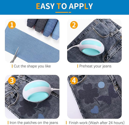 HTVRONT Iron on Patches for Clothing Repair 4 Rolls - Denim Patches for Jeans Kit 4" by 20", 4 Rolls of Iron On Denim Patches for Jeans Inside & Clothing Repair (Four Colors)