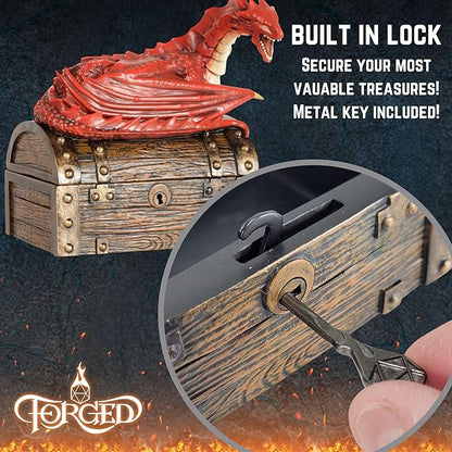 Forged Dice Co. Wyvern Dice Box with Lock and Key - Dragon Storage Chest Compatible with Dungeons and Dragons, D&D Miniatures, Dnd Accessories - Fits up to 4 Standard Polyhedral Sets - Red