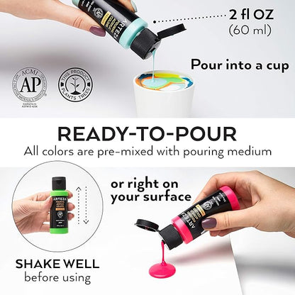 ARTEZA Acrylic Pouring Paint Set of 32, 2 ounce Bottles, Assorted Colors, High Flow Paint, Art Supplies for Pouring on Canvas, Glass, Paper, Wood