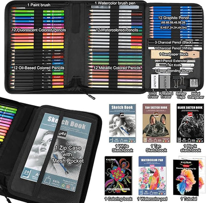 82 Drawing Set Sketching Kit, Art Set with Fluorescent, Colored, Watercolor, Metallic, Graphite, Charcoal Pencils, 5 Sketchbook and Coloring Book, Gift for Artists Adults Teens Beginner
