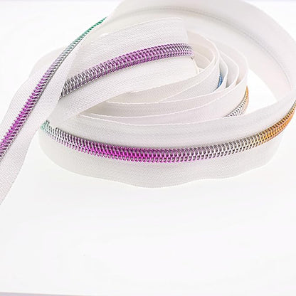 Leekayer #5 Rainbow Teeh Metallic Nylon Coil Zippers by The Yard Bulk 10 Yards White Zipper Tape with 25pcs Silver Ring Pull Sliders for DIY Sewing Tailor Craft Bag(White)