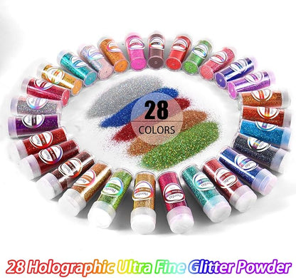 Renfio 28 Colors Holographic Glitter Set, 14.81oz 420g Ultra Fine Glitter Powder PET 1/128" 0.008" 0.2mm Resin Suppies Assorted Craft Glitter for Fake Nails, Resin Art, Tumblers, Slime, Hair, Bomb