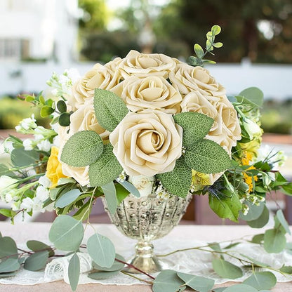 AmyHomie 25pcs Real Looking Artificial Beige Roses w/Stem for DIY Wedding Bouquets Centerpieces Arrangements Party Baby Shower Home Decorations