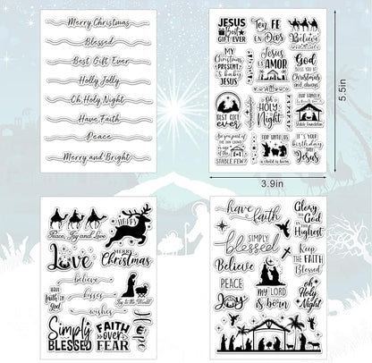 Whaline 4 Sheets Christmas Clear Stamps Greeting Words Nativity Scene Silicone Transparent Stamps Holy Night Stamp for Xmas DIY Craft Card Making Scrapbooking Embossing Album Decor