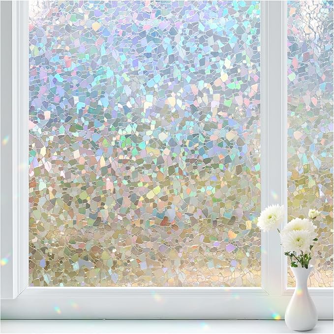 Haton Window Privacy Film, Rainbow Stained Glass Window Clings, 3D Decorative UV Sun Blocking Sticker, Removable Static Cling Heat Control Tint for Home Door, 23.6" x 78.7" Non-Adhesive