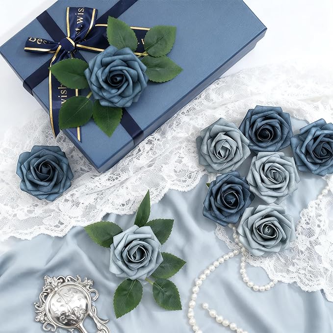 Artificial Flowers Foam Fake Roses 25pcs Series Blue Colors Roses with Stems for Home Decor DIY Wedding Bouquets Party Bridal Shower Centerpieces Faux Flower Arrangements Tables Decorations
