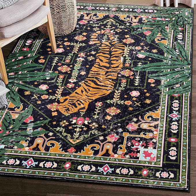 Oriental Tropical Washable Rugs, Stain Resistant Black Boho Vintage Hippie 6x9 Area Rugs for Dining Living Room Office Dorm Entryway, Abstract Botanical Tribal Indian Accent Bedroom Carpet