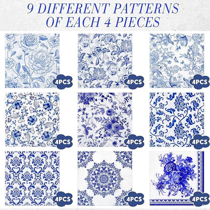 Crtiin 36 Pack 9 Styles Decoupage Napkins Assorted Floral Decorative Decoupage Napkins Chinoiserie Cocktail Paper for DIY Crafting Birthday Party, Each Unfolded 13 Inch(Blue and White Floral)