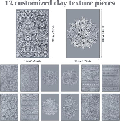 12 Pcs Polymer Clay Texture Sheets Mat Works with Polymer Clay Cutter Embossin Roller DIY Tools for Pottery Earrings Jewelry Making DIY Craft Supply